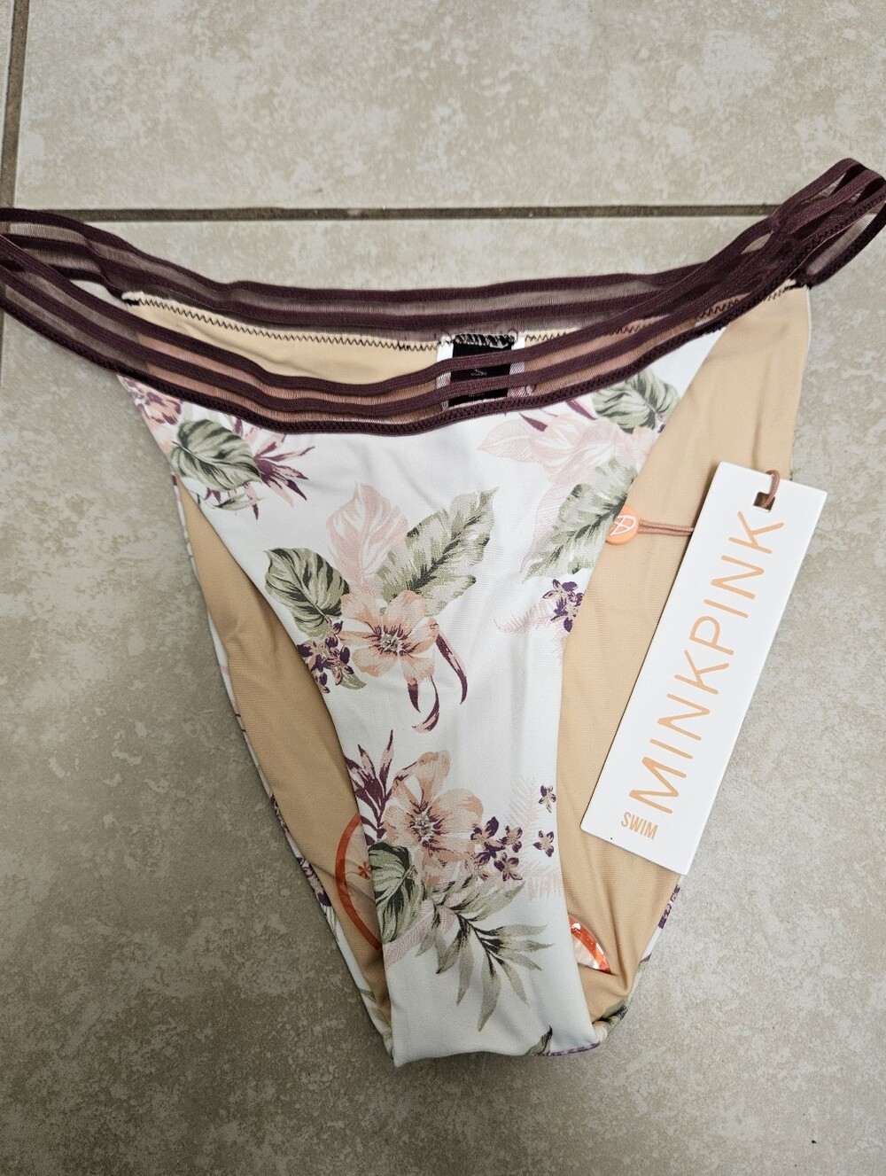 MINKPINK Floral Bikini Bottom with Mauve Strappy Waist